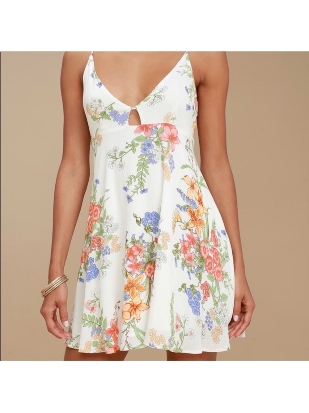 Lulu's White Floral Mini Dress with Pink, Orange & Blue Blooms